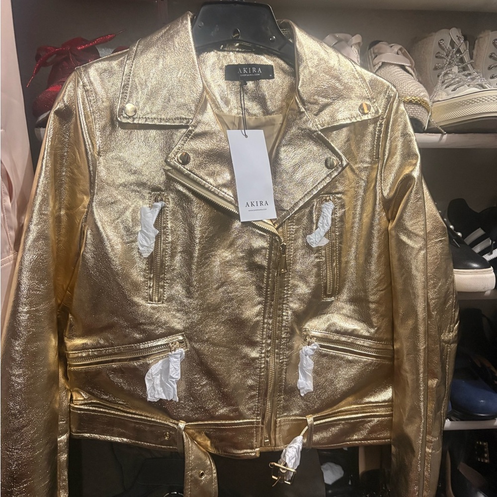 AKIRA Gold Metallic Biker Moto Jacket